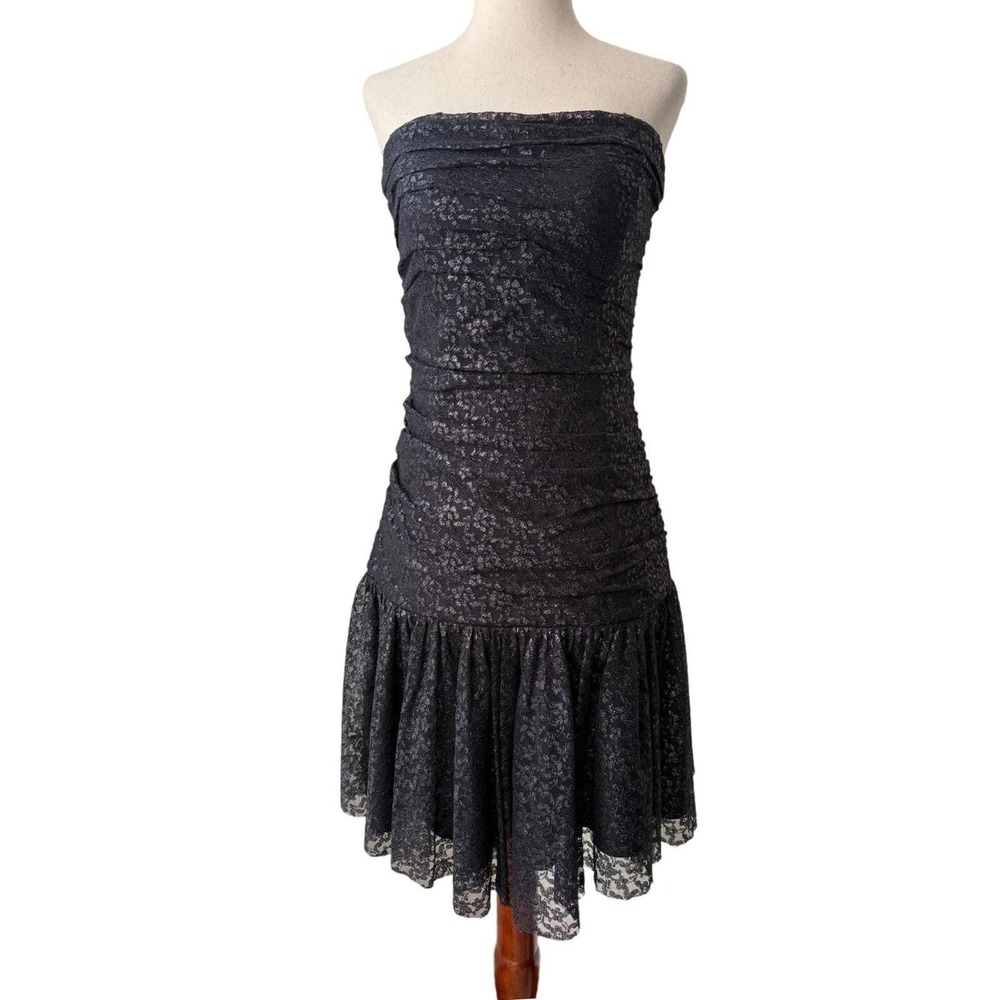 Betsey Johnson‎ Vintage Strapless Dress Black Lace Ruched Bodycon Party Mini 8